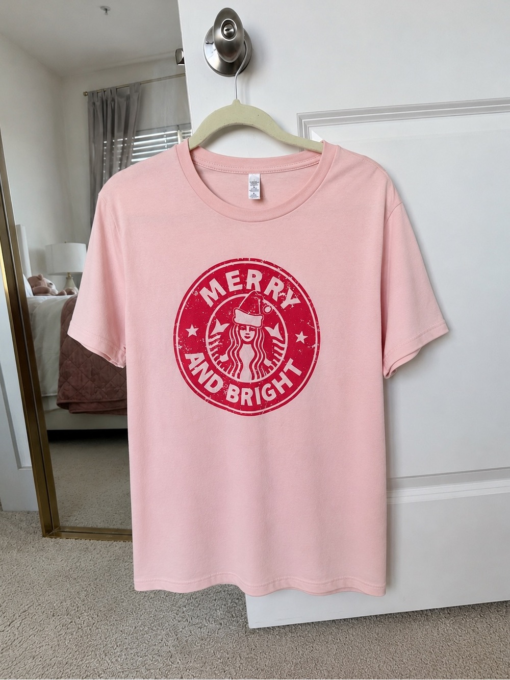 Merry and Bright Christmas Starbies Peach Coffee Tee Shirt